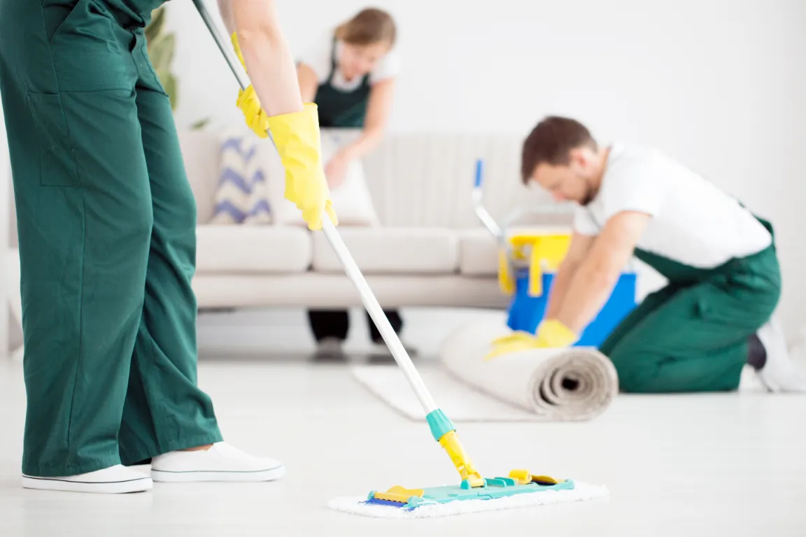 Cleaners in overalls cleaning the client's house carpet.
